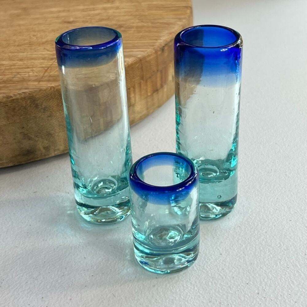 Glass Blown Shot Glasses Cobalt Blue Rim Thick Glass Set of 3 holds 2 ozs